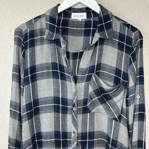 bella dahl Ryann Frayed Hem Blue and Grey Plaid Flannel Button Down Shirt Size S - Picture 2 of 16